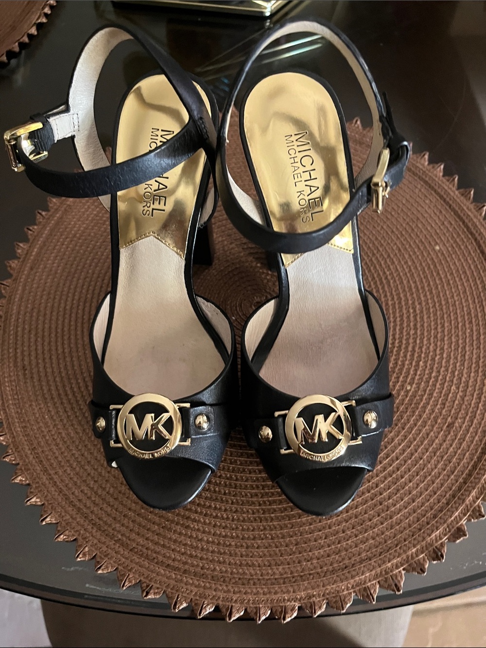 MICHAEL Michael Kors Black Leather Logo Peep-Toe Heels with Gold Accents